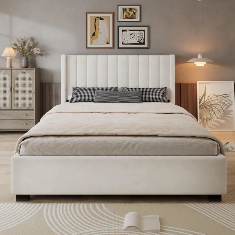 Upholstered Double Bed with Soft Padded Headboard, Practical Storage Bed with Smooth Castors, 200L x 142W x 118.5H cm, Beige