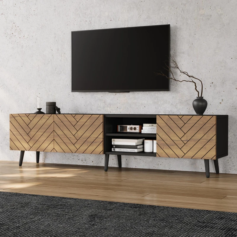 Modern Geometric TV Cabinet with Herringbone Fronts, Industrial-Style TV Stand with Solid Wood Legs, 180L x 33.5W x 45H cm, Black+Oak