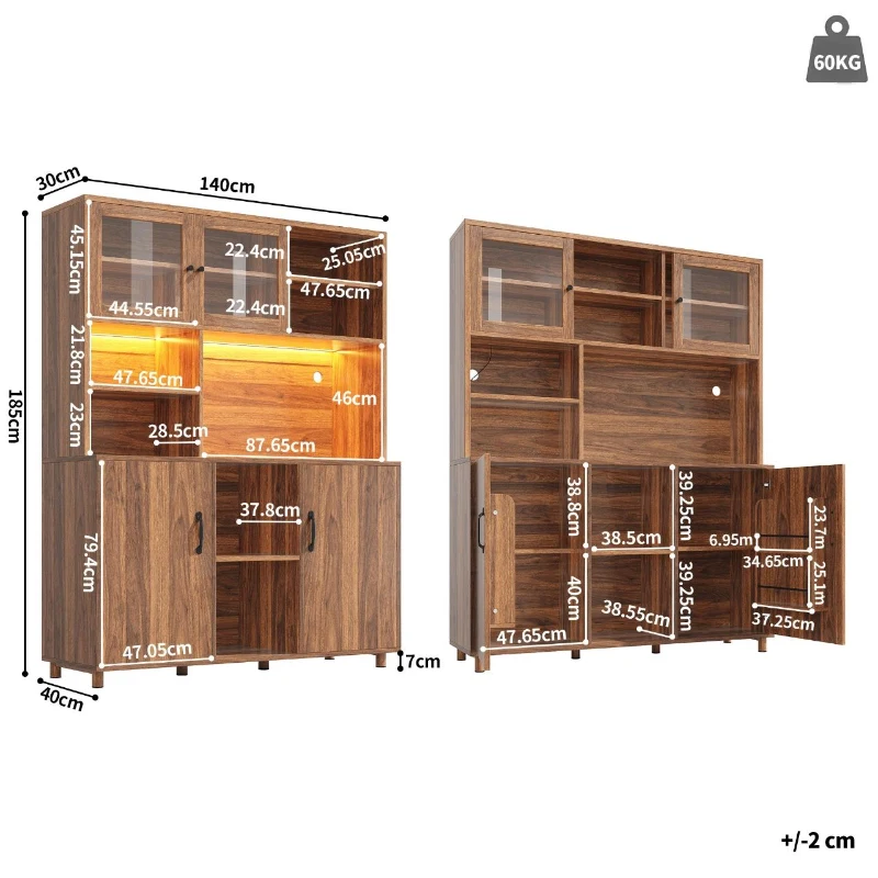 Tall Cabinet with Silent Sliding Toughened Glass Doors, Dining Room Sideboard with Metal Construction, 140L x 40W x 185H cm, Walnut Brown