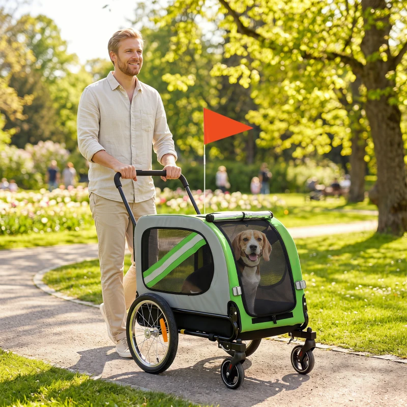 PawHut Rimorchio per bici per cani 2 in 1, pieghevole con cintura e riflettori, verde