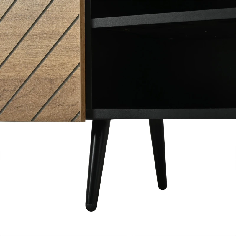 Modern Geometric TV Cabinet with Herringbone Fronts, Industrial-Style TV Stand with Solid Wood Legs, 180L x 33.5W x 45H cm, Black+Oak