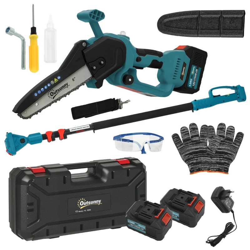 Outsunny 2-in-1 Mini Kettingzaag 580W met Accu van 8000mAh, Veiligheidsvergrendeling, 8 Inch, 42 x 29 x 10,5 cm, Blauw