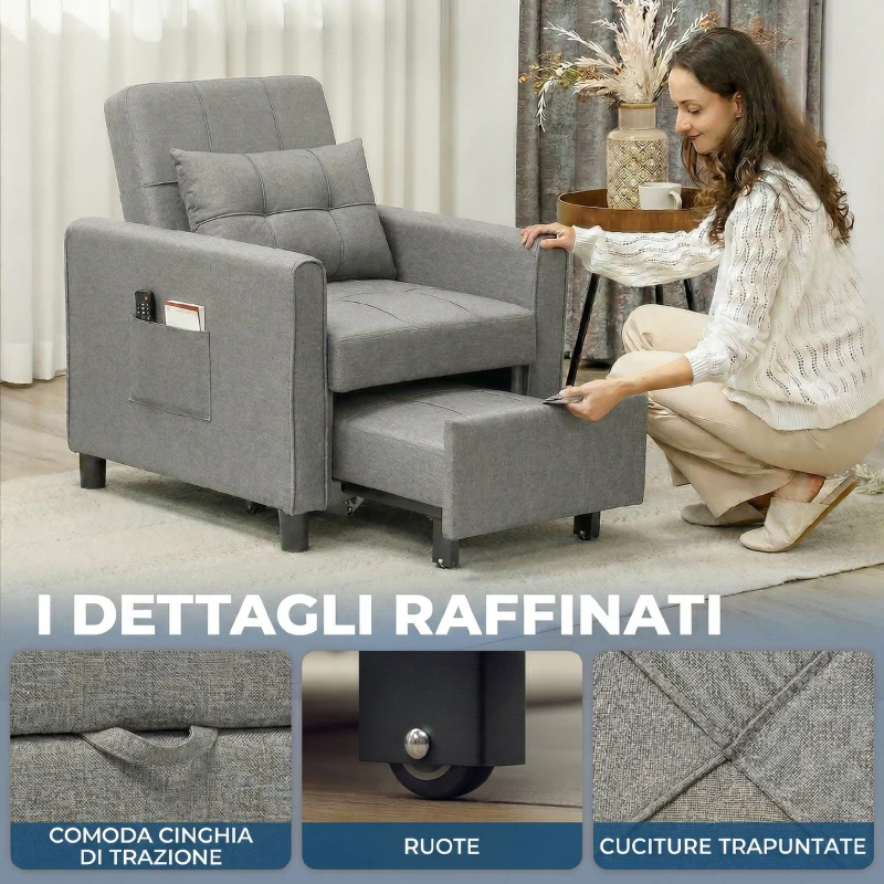 HOMCOM Poltrona Letto Pieghevole Convertibile con Schienale Regolabile e Cuscino, Grigio