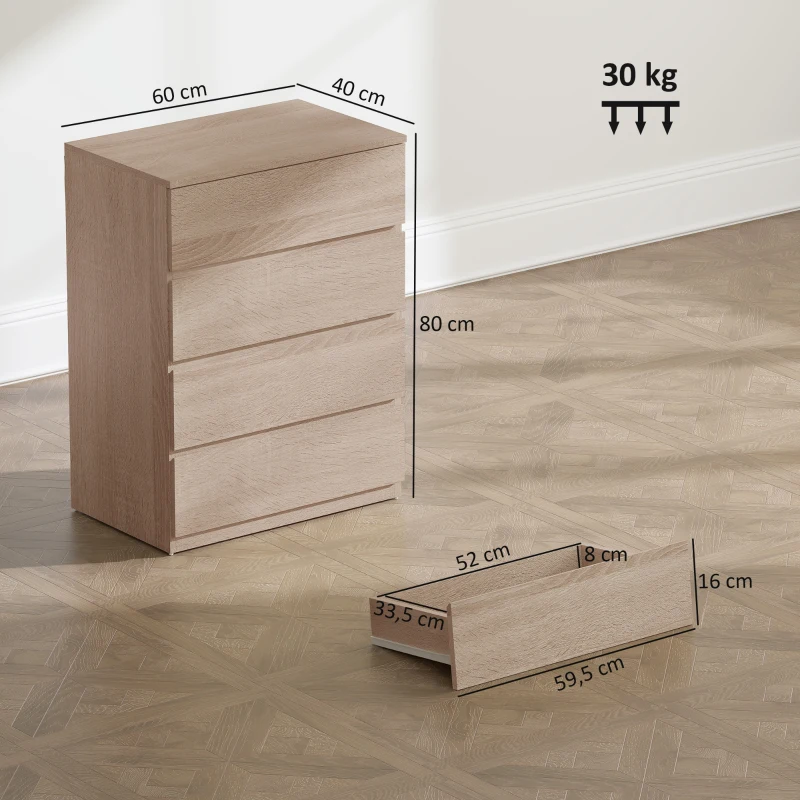 HOMCOM Cassettiera Camera da Letto 4 Cassetti, Comò Camera da Letto, per Soggiorno, Sala da Pranzo e Corridoio, Rovere