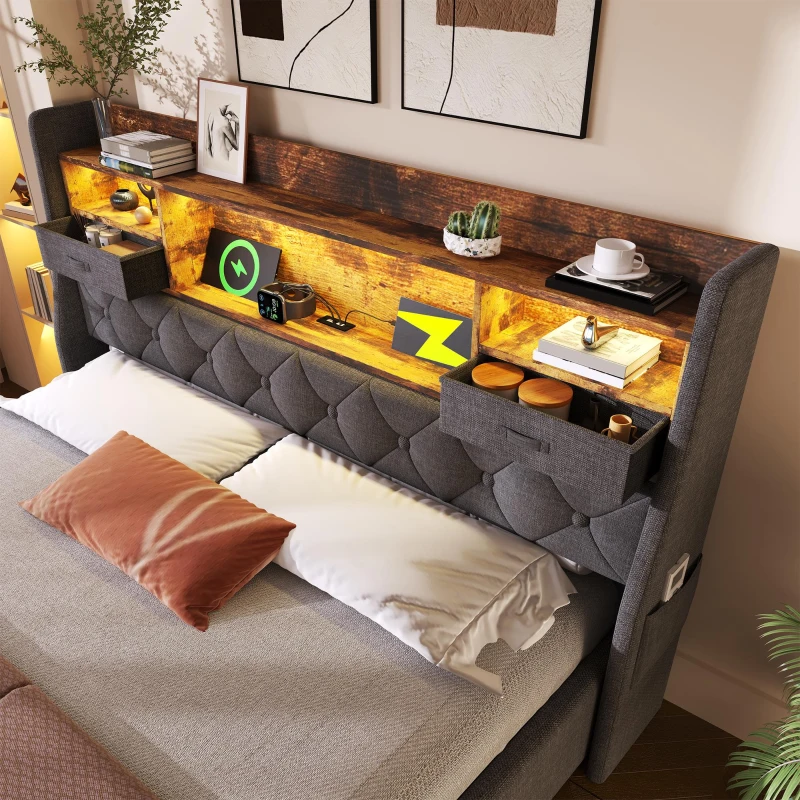 Upholstered Hydraulic Bed with LED Ambient Lighting, Linen Grey Bed Frame with Storage Headboard, 208L x 147W x 116H cm, Grey