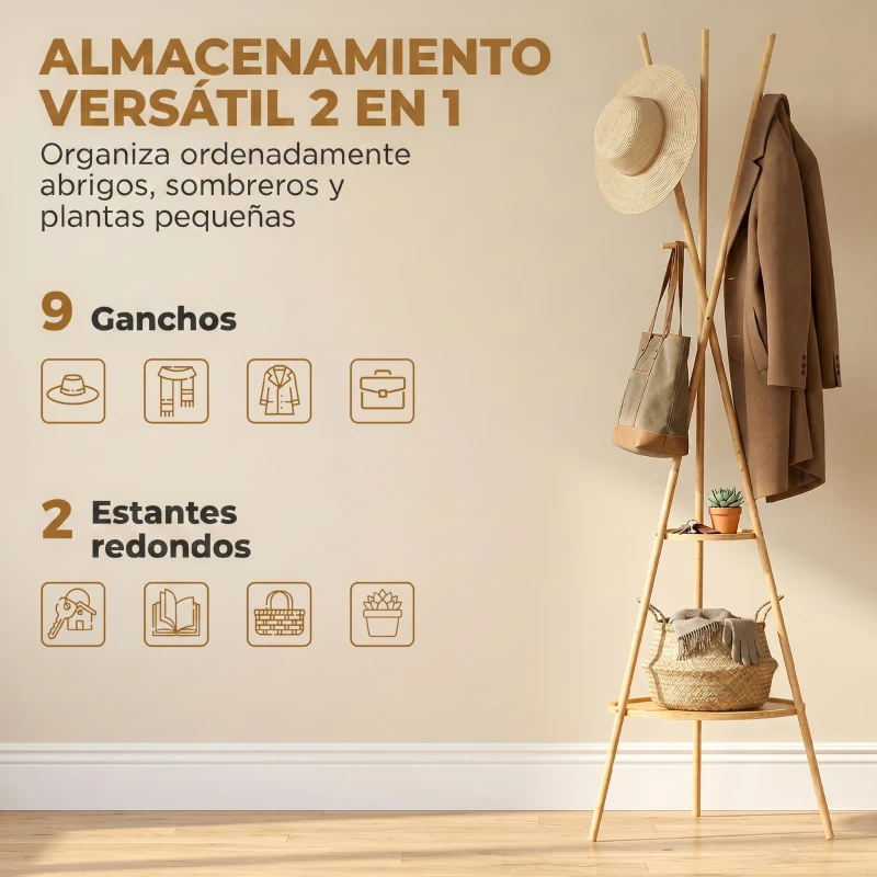 HOMCOM Perchero de Pie de Bambú Perchero para Ropa con 2 Estantes y 9 Ganchos Diseño Elegante 58,5x58,5x176 cm Natural