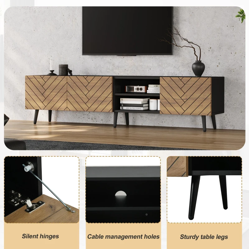 Modern Geometric TV Cabinet with Herringbone Fronts, Industrial-Style TV Stand with Solid Wood Legs, 180L x 33.5W x 45H cm, Black+Oak