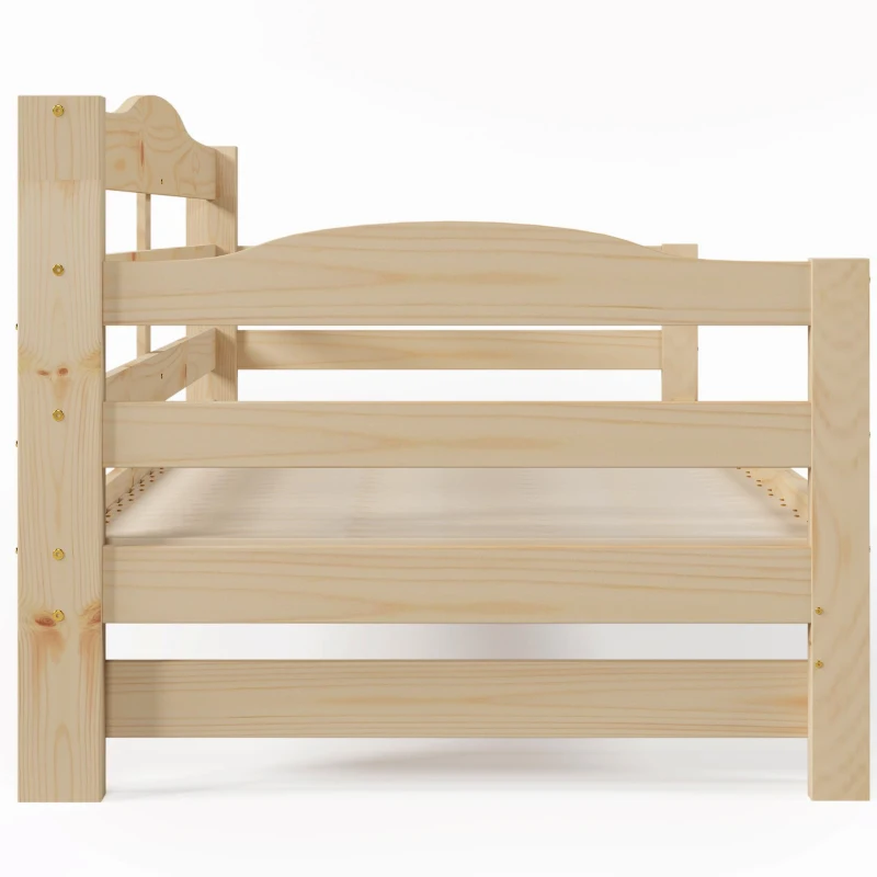Stylish Cabin Bed with Pull-Out Trundle and Practical Storage, Natural Finish Wooden Bed Frame with MDF Slatted Base, 196L x 187W x 73H cm, Natural
