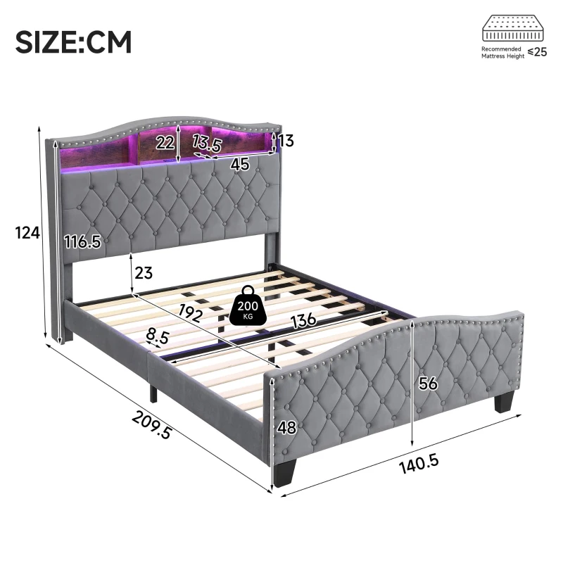 Upholstered 4ft6 Double Bed with Built-in Bedside Storage, Sturdy Storage Bed with Colourful LED Light Strip, 210L x 140.5W x 124H cm, Grey
