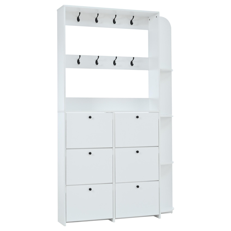 Coat Rack and Shoe Storage Cabinet with Shoe Cubbies, Space-Saving Hallway Storage Unit with Hinged Doors, 120L x 24W x 200H cm, White
