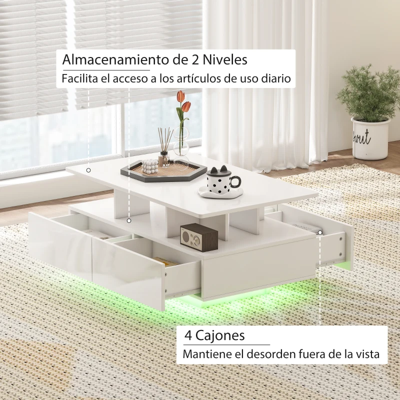 HOMCOM Mesa de Centro LED Moderna con 4 Cajones Estante Abierto y Luces LED de 16 Colores para Salón 90x55x41 cm Blanco Brillo