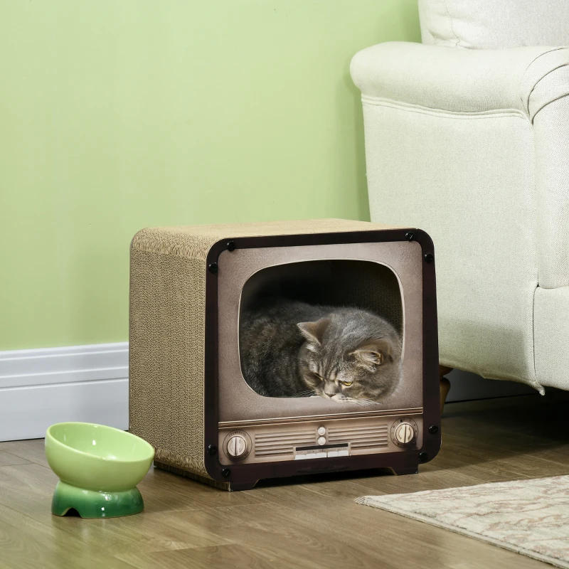 PawHut Kratzbrett für Katzen 2-in-1 in Fernseherform, Haus und Kratzmatte aus Wellpappe, 39x29x37cm, Braun