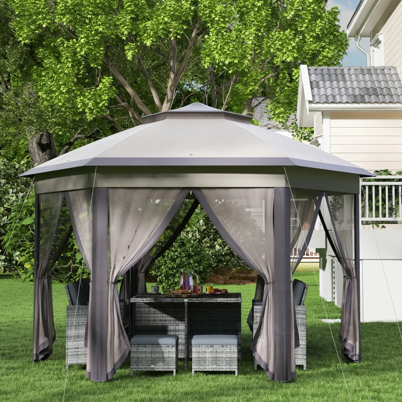 Outsunny Carpa Plegable 4x3,4 m con Doble Techo 6 Mosquiteras Extraíbles y Bolsa de Transporte Anti-UV Marrón y Beige