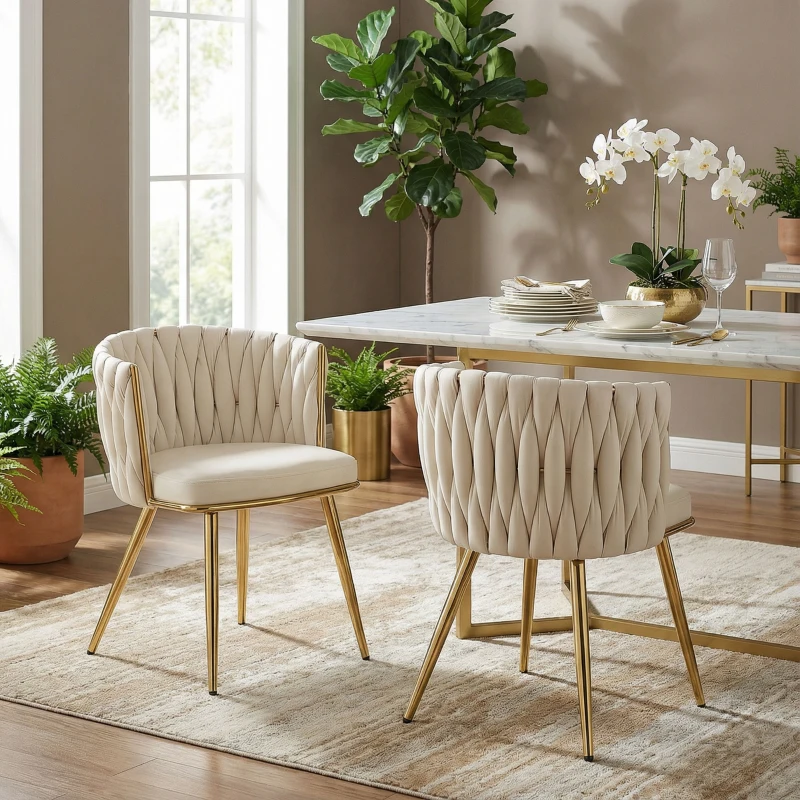 HOMCOM 2er-Set Esszimmerstühle, gepolsterte Küchenstühle aus Velours mit geflochtener Rückenlehne und Armlehnen, Creme