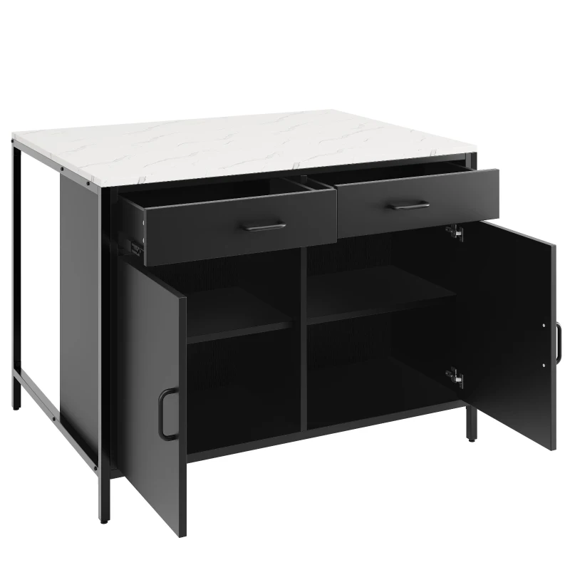 Standing Bar Table with Marble-Effect MDF Top and Solid Iron Legs, Marble Kitchen Island Table with Adjustable Shelves, 100L x 90W x 90H cm, Black