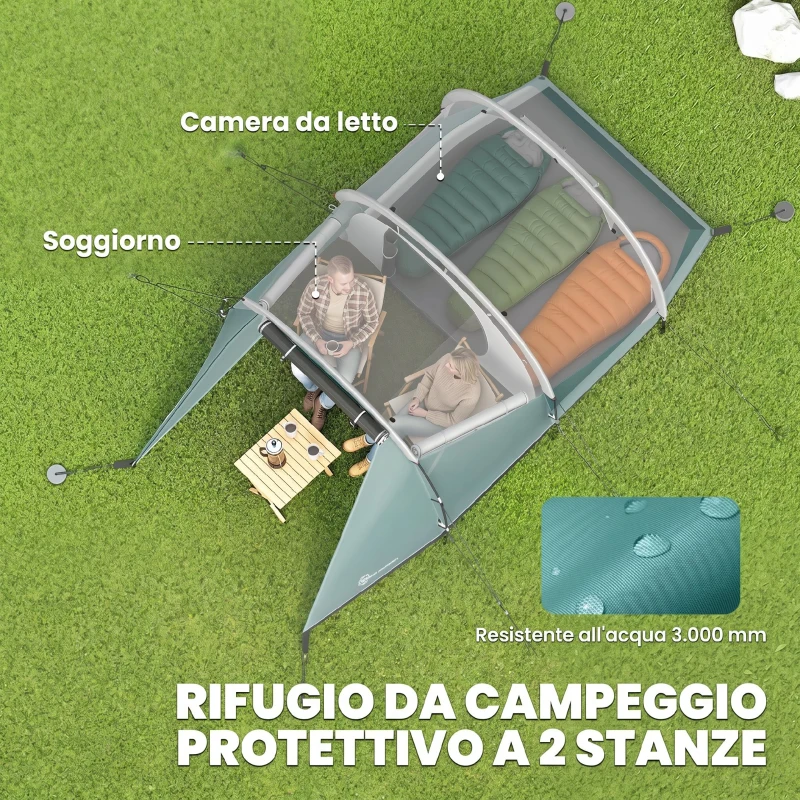 Outsunny Tenda da Campeggio 3 Posti Impermeabile a Tunnel con Borsa di Trasporto, 460x260x190 cm, Verde
