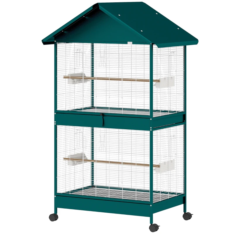 PawHut Cage à oiseaux sur roulettes avec séparateur amovible, 4 mangeoires et 2 perchoirs, 2 plateaux coulissants, 94x70x158cm