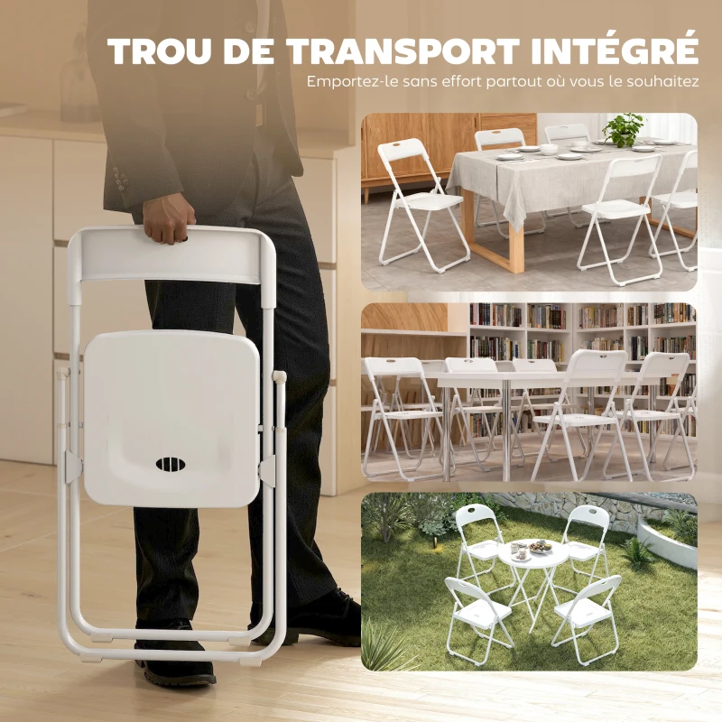 HOMCOM Lot de 6 chaises pliantes portables en plastique et acier, dossier incurvé, assise concave, 48,5 x 47 x 75 cm, blanc