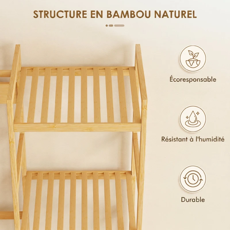 HOMCOM Meuble d'entrée en bambou, vestiaire d'entrée, banc, assise rembourrée, 10 crochets, tringle, 104x33x175cm, naturel