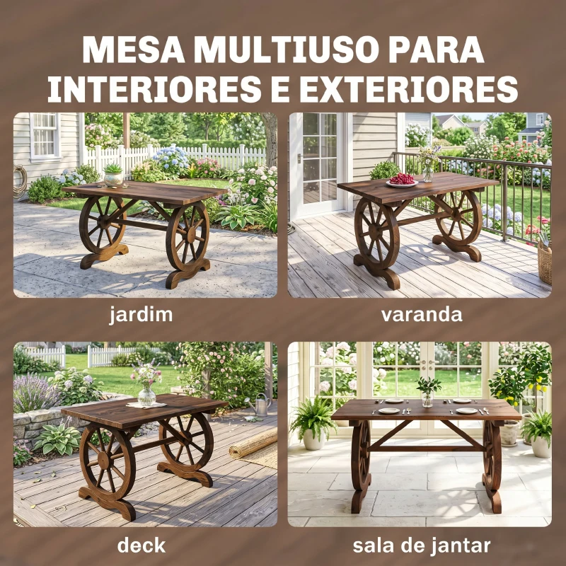 Outsunny Mesa de Jardim de Madeira Mesa de Exterior 110x60x65 cm com Pés em Forma de Rodas Mesa de Pátio Madeira Carbonizada