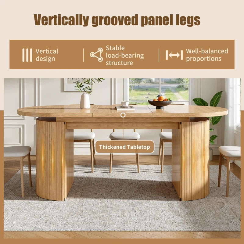 Extendable Dining Table with Vertically Grooved Legs, Space-Saving Dinner Table with Storage Compartment, 160L x 80W x 76H cm, Natural Wood