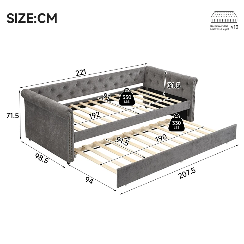 Upholstered Single Daybed Sofa Bed with Sturdy Slatted Base, Convertible Bed-to-Sofa with Padded Velvet Headboard, 221L x 98.5W x 71.5H cm, Grey