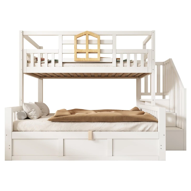 Twin Over Full Bunk Bed with Solid Pine and MDF Construction, Wooden Cabin Bed with Hydraulic Under-Bed Storage, 243L x 144W x 172H cm, White