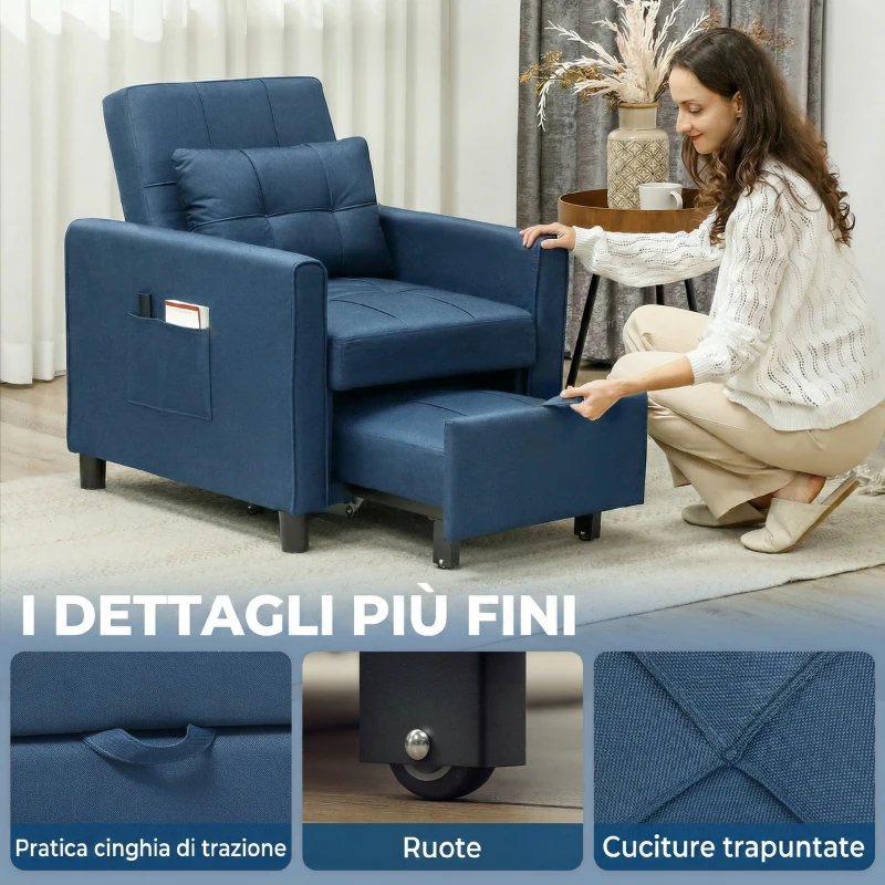 HOMCOM Poltrona Letto Pieghevole con Schienale Regolabile e Cuscino, Blu