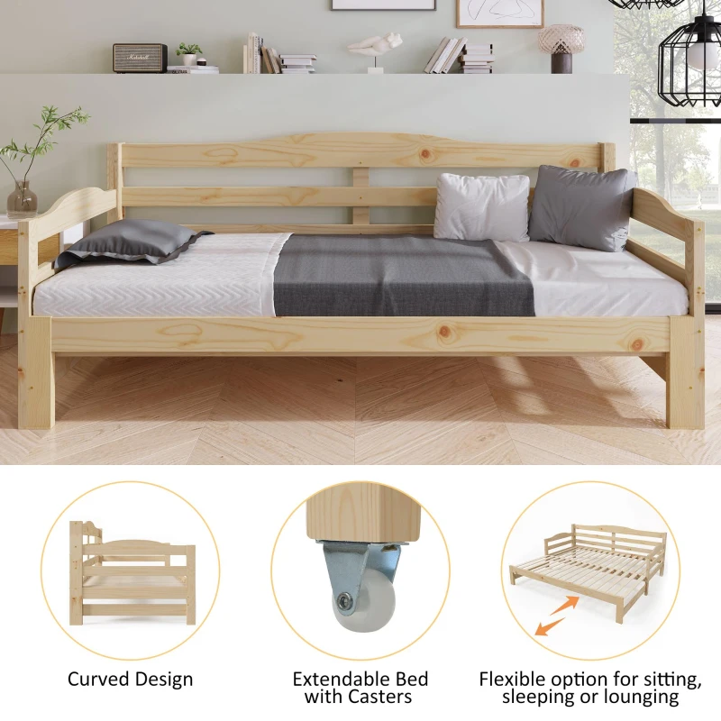 Stylish Cabin Bed with Pull-Out Trundle and Practical Storage, Natural Finish Wooden Bed Frame with MDF Slatted Base, 196L x 187W x 73H cm, Natural