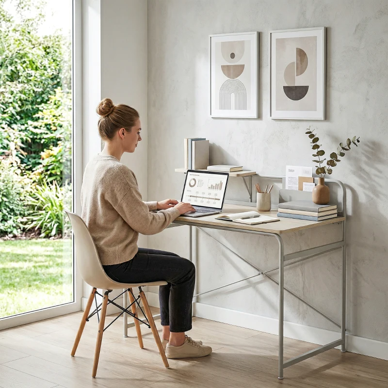 HOMCOM Mesa de Escritorio Moderno con Estante y Estructura de Metal Fácil Montaje 98x48x88,5 cm Roble