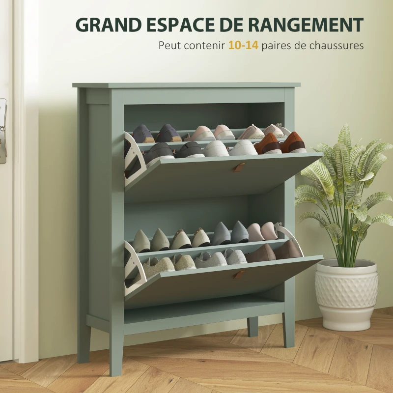 HOMCOM Meuble à chaussures 14 paires, armoire à chaussures avec 2 tiroirs rabattables, étagères amovibles et réglables, vert