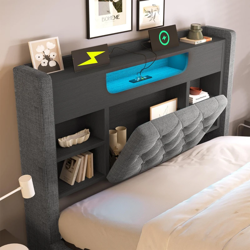 Upholstered Linen Bed Frame with Ambient LED Lighting, 4ft6 Double Bed with Hydraulic Under-Bed Storage, 213L x 143W x 115H cm, Grey