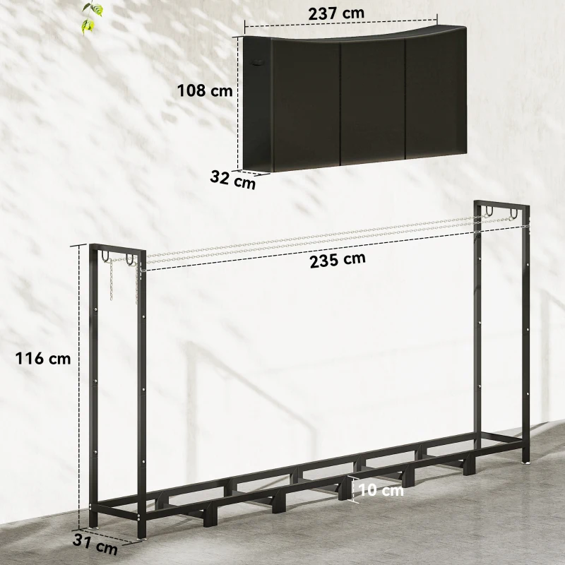 Outsunny Suport pentru Lemne de Foc din Metal cu Prelată Impermeabilă, Capacitate 0.8m³, Cadru Reglabil, 235 x 31 x 116 cm, Negru
