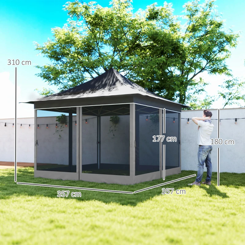Outsunny Gazebo da Giardino ad Altezza Regolabile con Zanzariera, in Poliestere e Metallo, 357x357x310 cm, Grigio Scuro