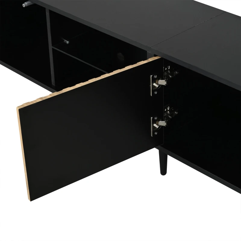 Mid-Century TV Cabinet with Smart App LED Lighting, Modern TV Stand with Built-In Cable Management, 175L x 31W x 43.5H cm, Black+Wood