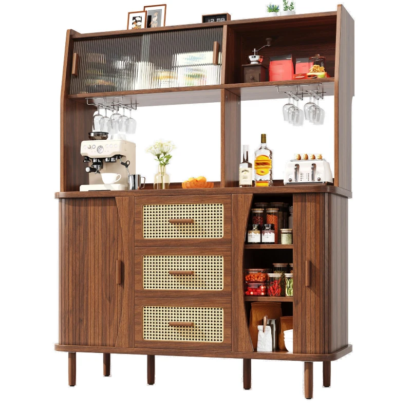 Rattan-Look Front Sideboard with Smooth-Running Glass Sliding Doors, Space-Saving Storage Cabinet with 3 Drawers, 140L x 40.5W x 174.5H cm, Walnut