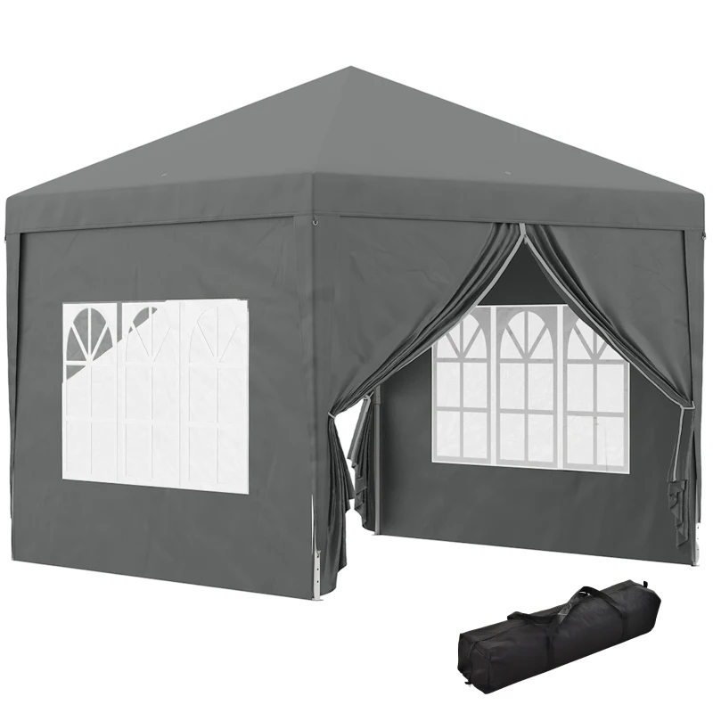 Outsunny 3 x 3 m Pavillon mit 4 Seitenwänden, Fenster, Festzelt mit UV-Schutz, Gartenzelt inkl. Tragetasche, Stahl, Grau
