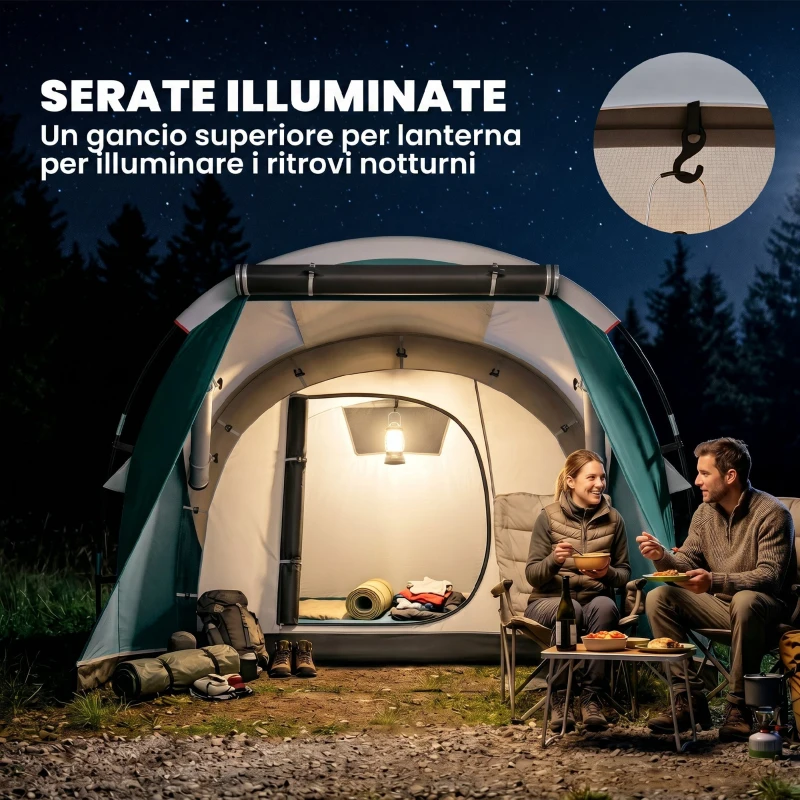 Outsunny Tenda da Campeggio 3 Posti Impermeabile a Tunnel con Borsa di Trasporto, 460x260x190 cm, Verde