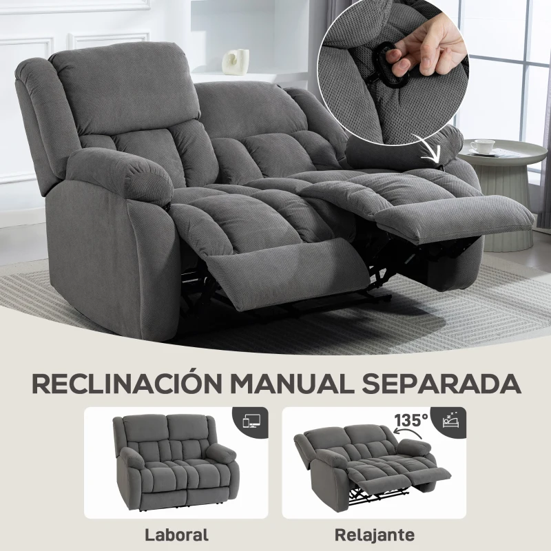 HOMCOM Sillón de 2 Plazas Relax Reclinable Manual Sillón Relax Tapizado en Terciopelo Reposapiés Ajustable Asiento Amplio Gris
