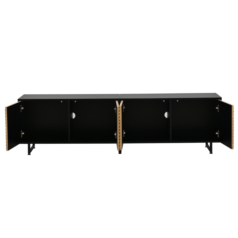 Modern 180cm TV Stand with Diagonal Fluted Doors, Industrial-Style Lowboard for up to 80-Inch TVs, 180L x 40W x 50H cm, Black+Wood