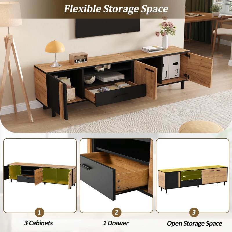 Modern 180cm TV Stand with Ample Concealed Storage, Low-Profile Entertainment Centre for TVs up to 80 Inches, 180L x 32.5W x 50H cm, Black+Wood