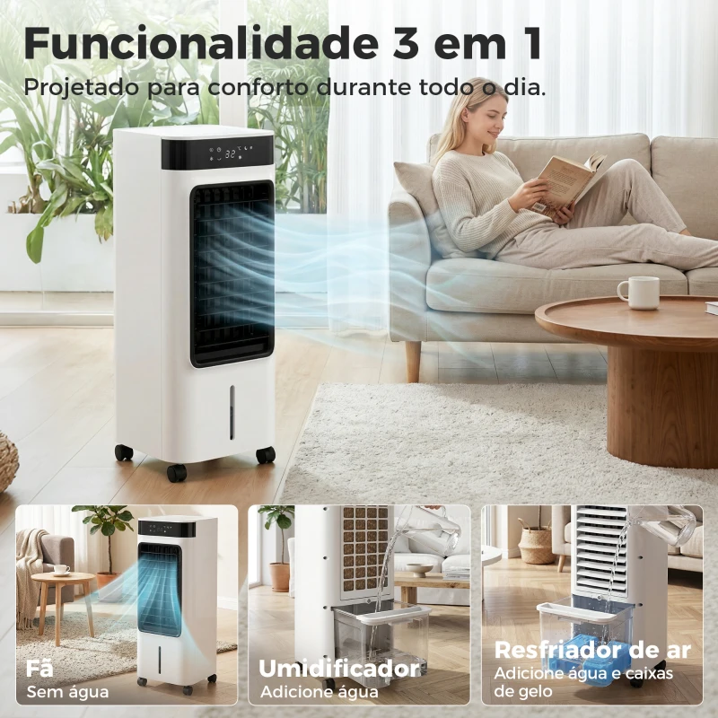 HOMCOM Arrefecedor de ar portátil 3 em 1 resfriador humidificador e ventilador, 3 velocidades 3 modos, branco