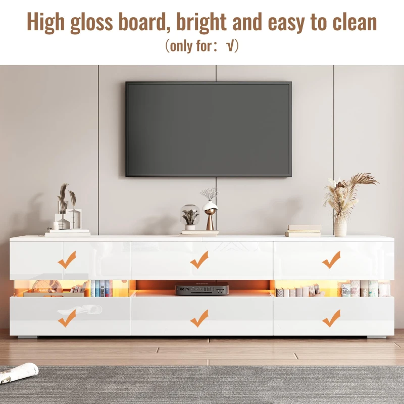 High-Gloss LED TV Cabinet with App-Controlled LED Lighting, Modern TV Stand with 2 Open Shelves, 160L x 38W x 50.5H cm, White