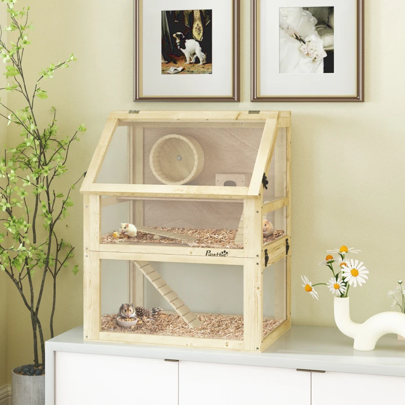 PawHut Wooden Hamster Cage with Detachable 32cm Deep Bottom, Hut, Seesaw, Exercise Wheel, Ramp, 60 x 40 x 75cm, Natural