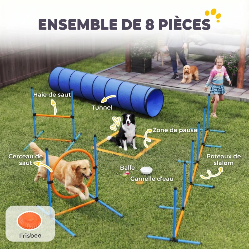 PawHut Ensemble d'Agilité pour Chien 8 Pièces avec Tunnel, Slaloms, Sauts Ajustables, Sac de Transport, 350x68x70cm, Orange