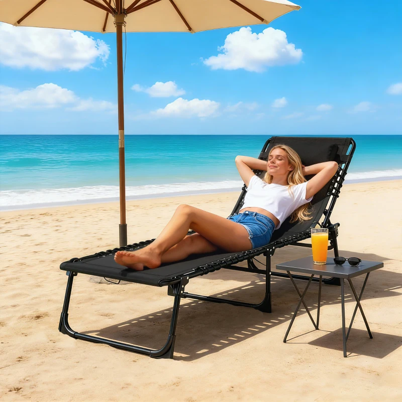 Outsunny Tumbona Plegable Ajustable de 4 Posiciones con Sistema de Cordones para Exterior Marco Acero 189x58x30 cm Negro