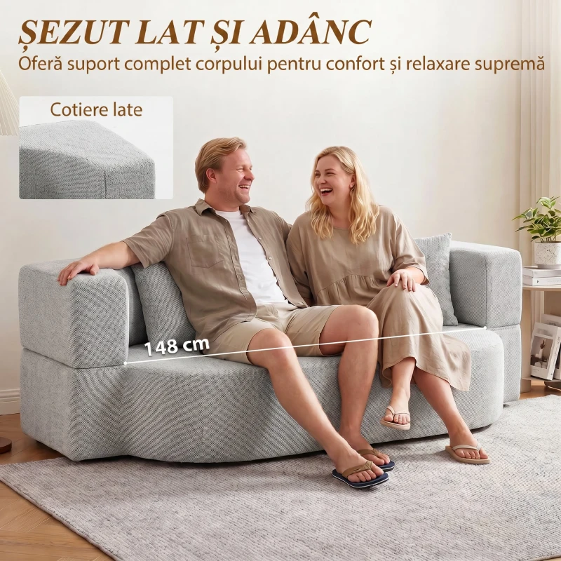 HOMCOM Canapea Extensibilă 2 în 1, 2 Locuri, cu 2 Perne Detașabile, Brațe Laterale, Șezut Tapițat, Chenille, Gri Deschis