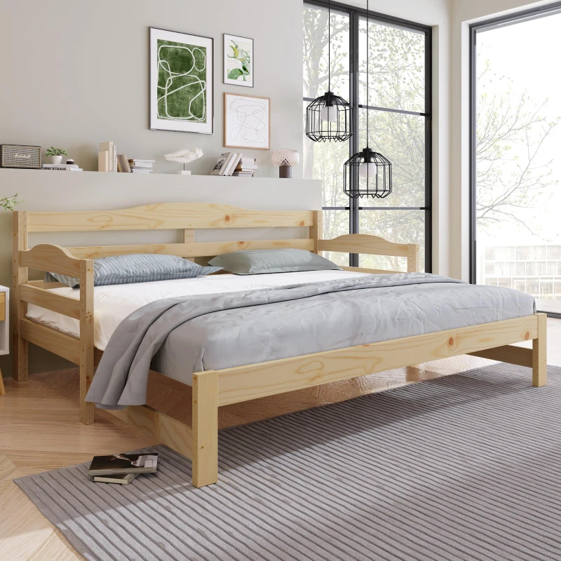 Stylish Cabin Bed with Pull-Out Trundle and Practical Storage, Natural Finish Wooden Bed Frame with MDF Slatted Base, 196L x 187W x 73H cm, Natural