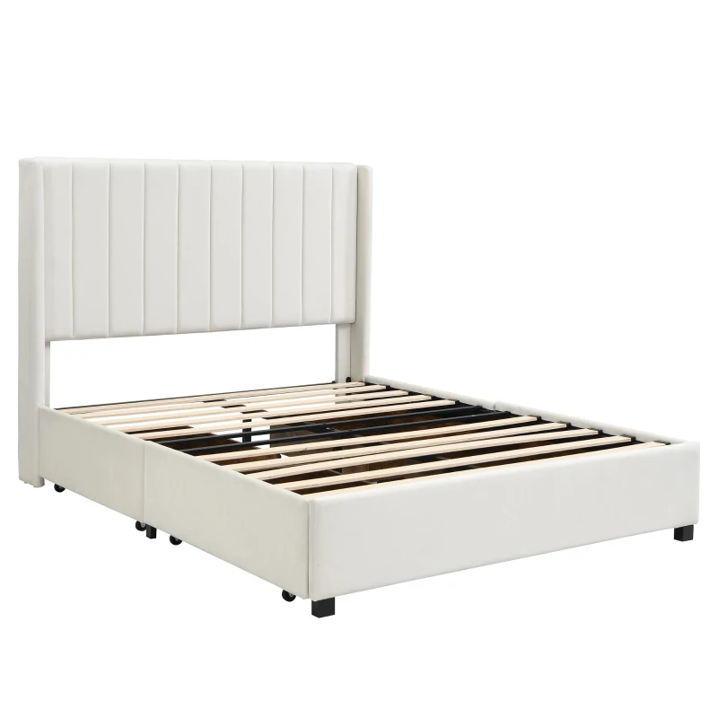 Upholstered Double Bed with Soft Padded Headboard, Practical Storage Bed with Smooth Castors, 200L x 142W x 118.5H cm, Beige
