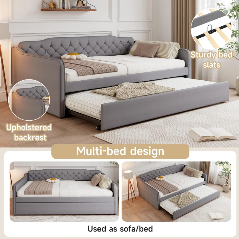 Space-Saving Upholstered 4ft6 Double Daybed with Pull-Out Trundle, Versatile Sofa Bed with Thick Foam Padding, 202L x 139.5W x 81.5H cm, Grey